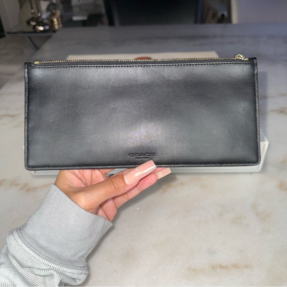 Coach Black Leather Zip Pouch Clutch Minimalist Wristlet - Picture 2 of 9
